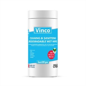 Vinco-SanWipe QUAT Formula PLASTIC FREE Wet Wipes & REUSABLE Canister | 100 Wipes | CP200