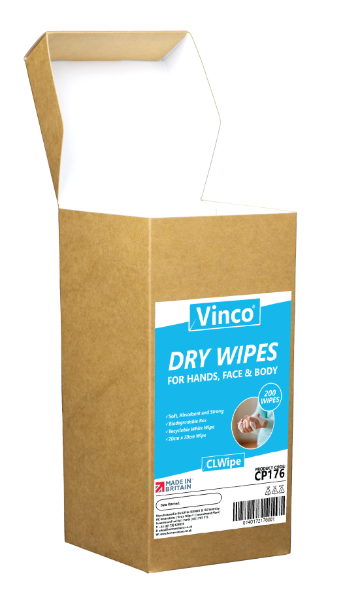 Vinco-CLWipe Dry Body Wipes PP 20x20cm BOX 200 Wipes CP176
