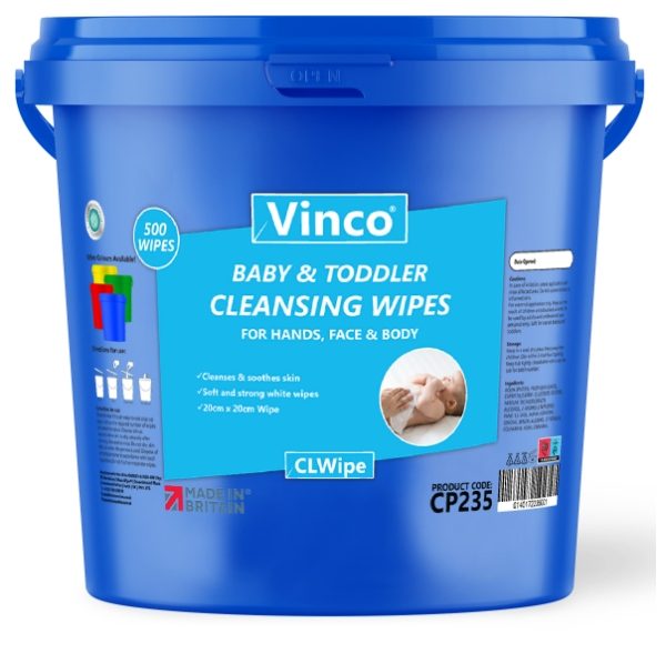 Vinco® 500 Baby & Toddler Cleansing Wipes In A Blue Bucket