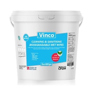 Vinco-SanWipe QUAT Formula PLASTIC FREE Wet Wipes & REUSABLE Canister | 500 Wipes | CP204