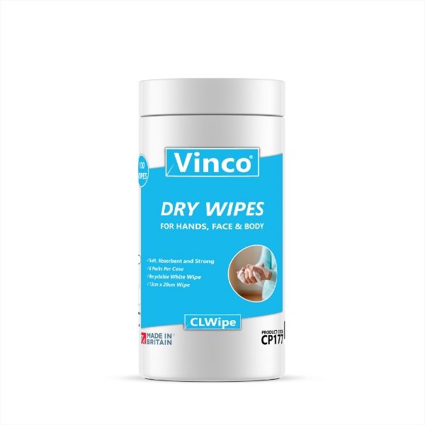 Vinco-CLWipe Dry Body Wipes PP 13x20cm TUB 100 Wipes CP177